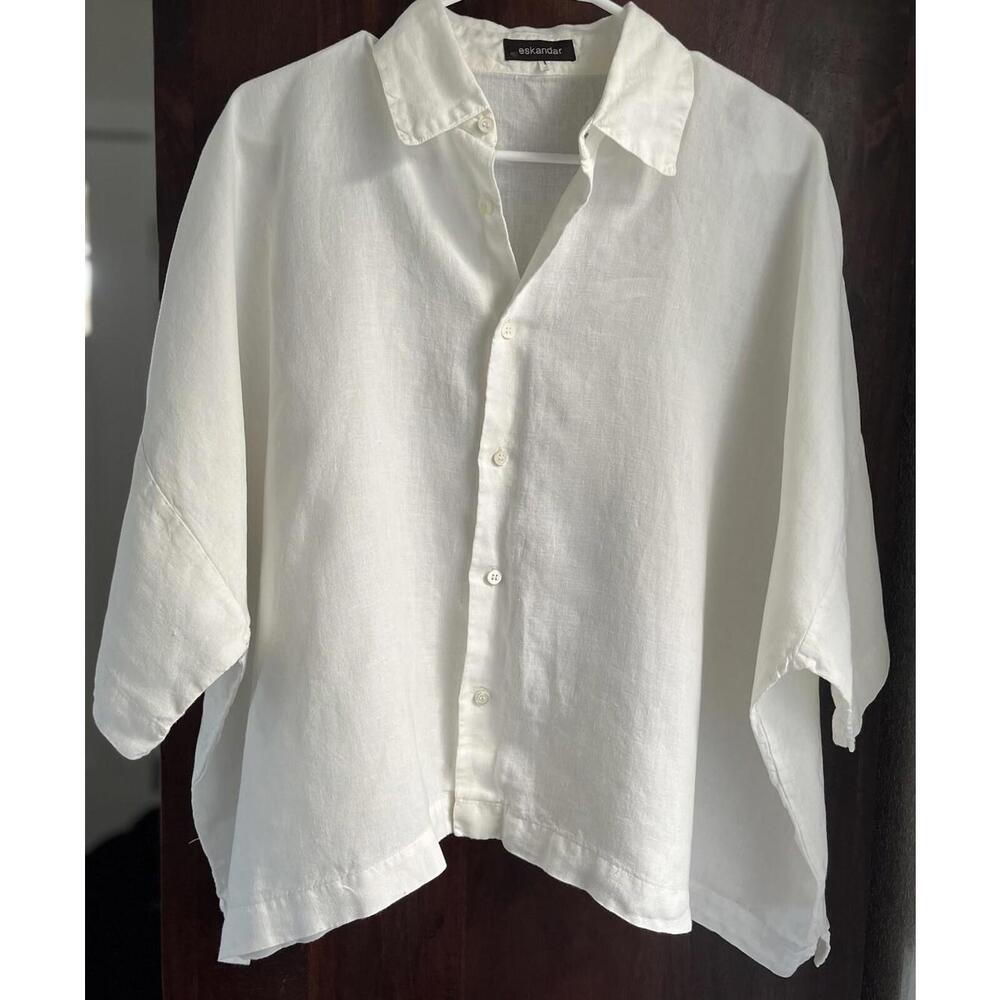 Eskandar White Linen Shirt Button Up Short Sleeve Boxy Fit Size 1 NWOT